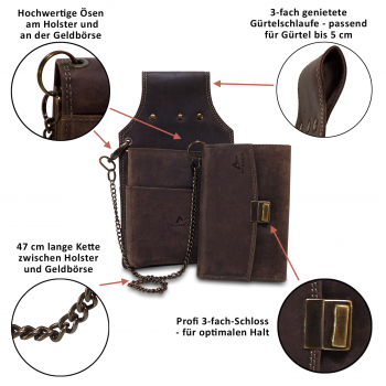 Leder Kellnerset Kellnerholster + Kellnerbörse (182D) Börse Halfter Tasche Braun Neu