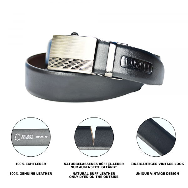 UMTI ® 2 in 1 Reversible Gürtel Herren Ledergürtel aus Büffelleder für Männer 24- (16A) Jeans Echtleder Braun 35mm breit kürzbar Neu